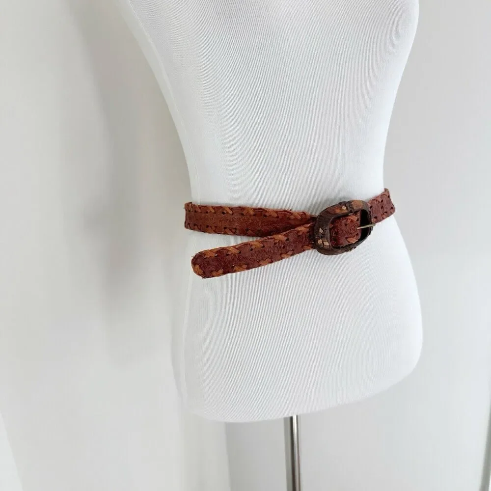 Vintage Hand Made Tooled Brown Western Leather Belt Mexico Wood Buckle 26-30 Sm